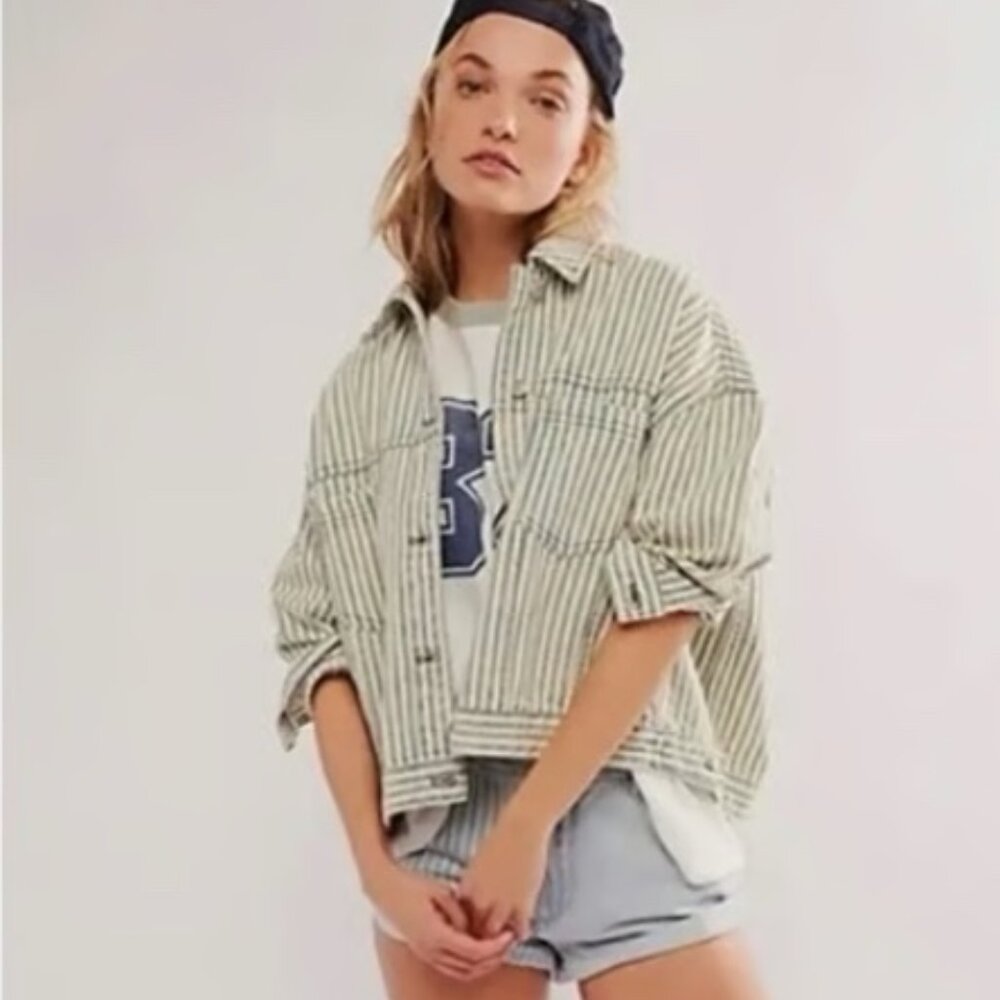 We The Free Striped Cream and Black Jean Jacket
